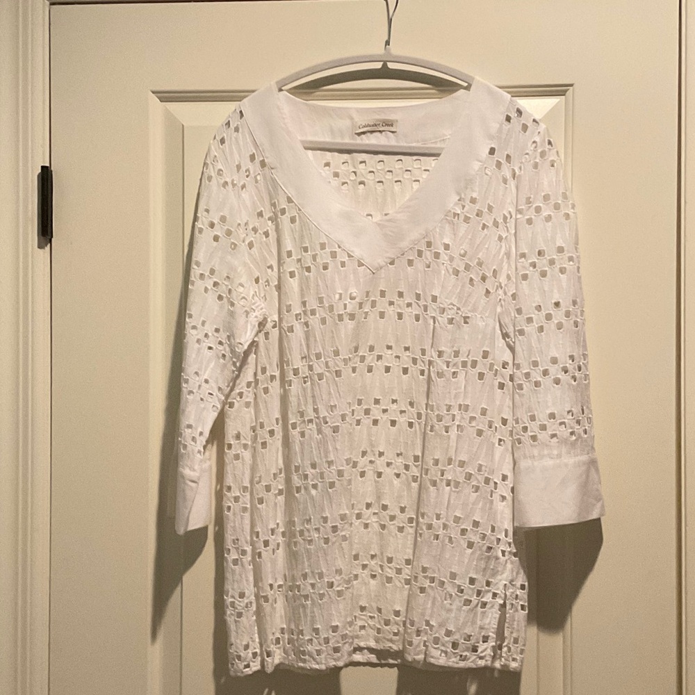 Coldwater Creek White V-Neck Eyelet Top